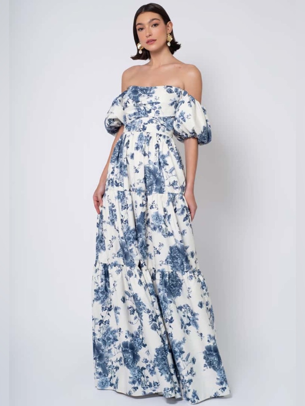 Jenny Yoo White and Blue Floral Off-Shoulder Maxi Dress